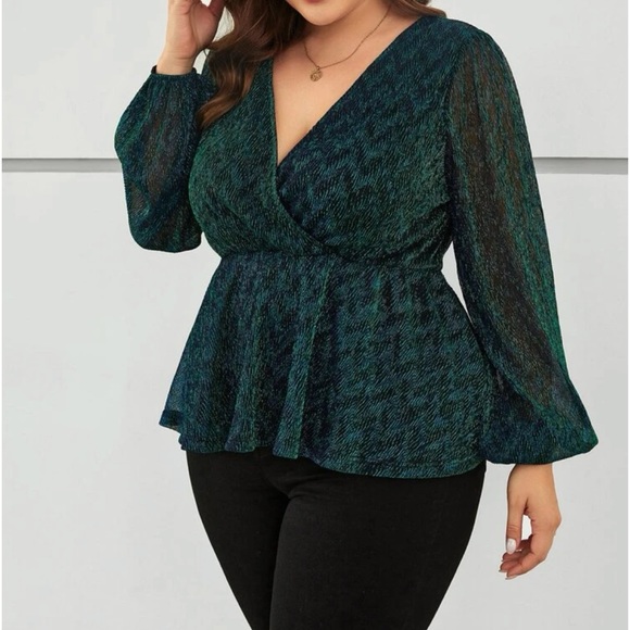 Classic Plus Size Deep V neck Long Sleeve Glitter Peplum Top Blouse Shirt - Picture 5 of 6